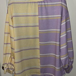 Womens Striped Round Neck Oversized Color Block Long Sleeve Shirts Casual